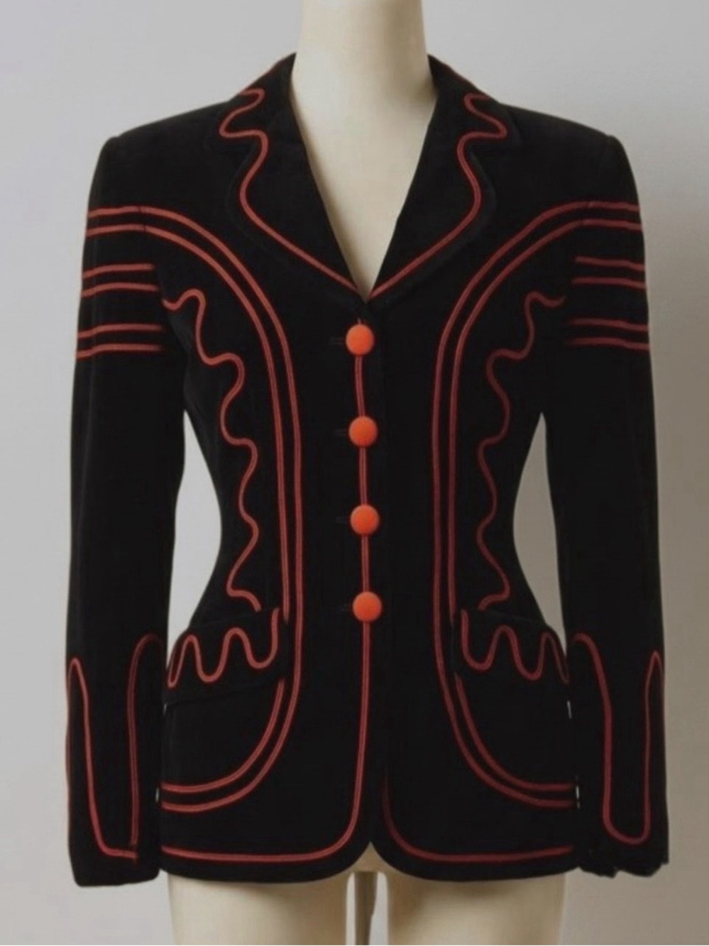 MOSCHINO  1990’s Cheap and Chic Black Red Embroidered Heart Blazer Sz. Small